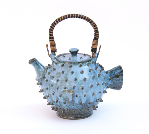 teapot handmade ceramic blowfish blue